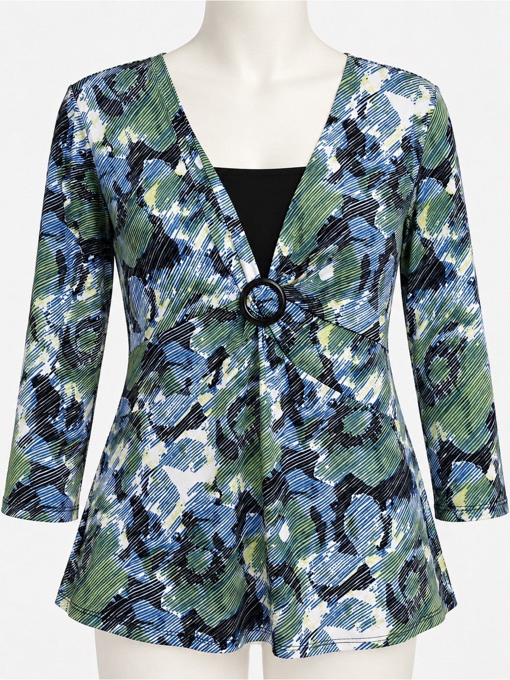 JM Collection Blue and Green V-Neck Knot-Front Tunic